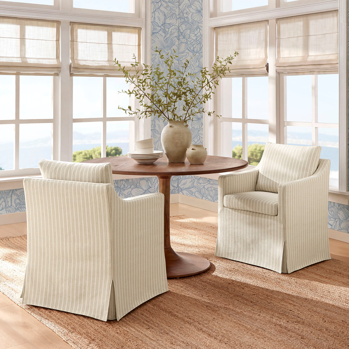Serene Slipcovered Striped Fabric Dining Armchair - Oatmeal Stripe