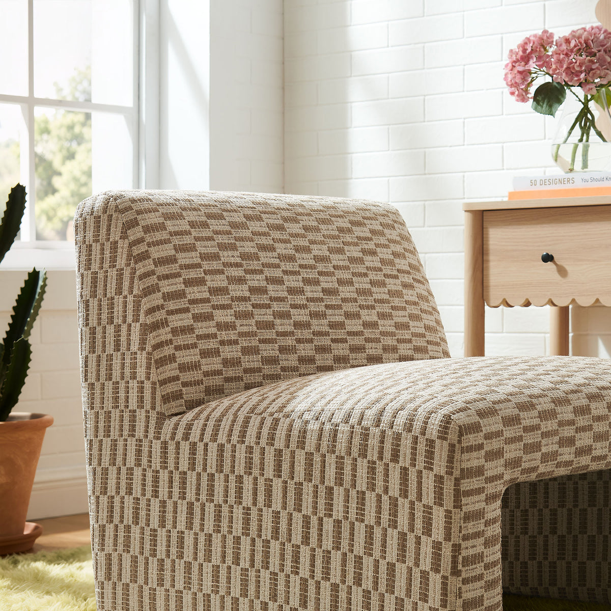Amita Checked Woven Fabric Armless Accent Chair - Mineral