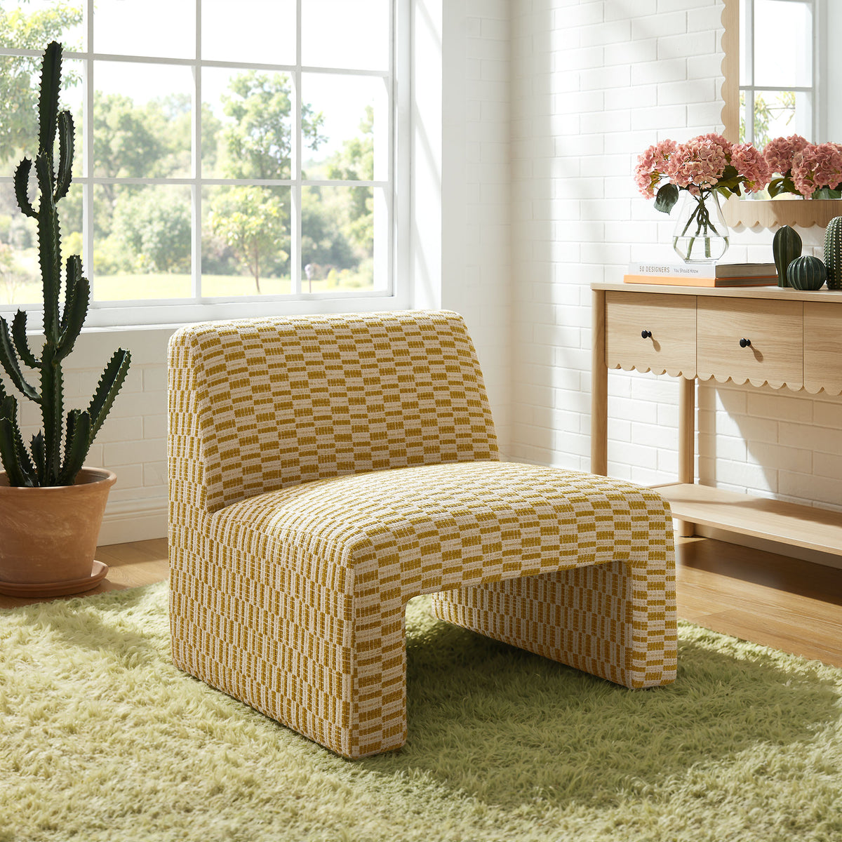Amita Checked Woven Fabric Armless Accent Chair - Sunrise