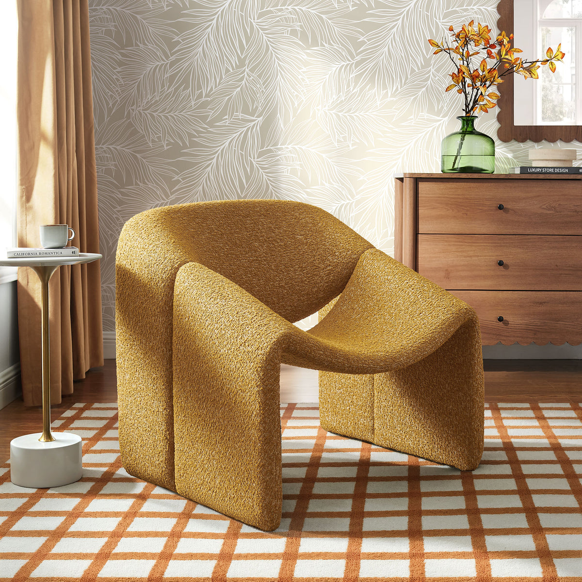 Vivi Looped Textural Fabric Curved Arm Accent Chair - Mustard