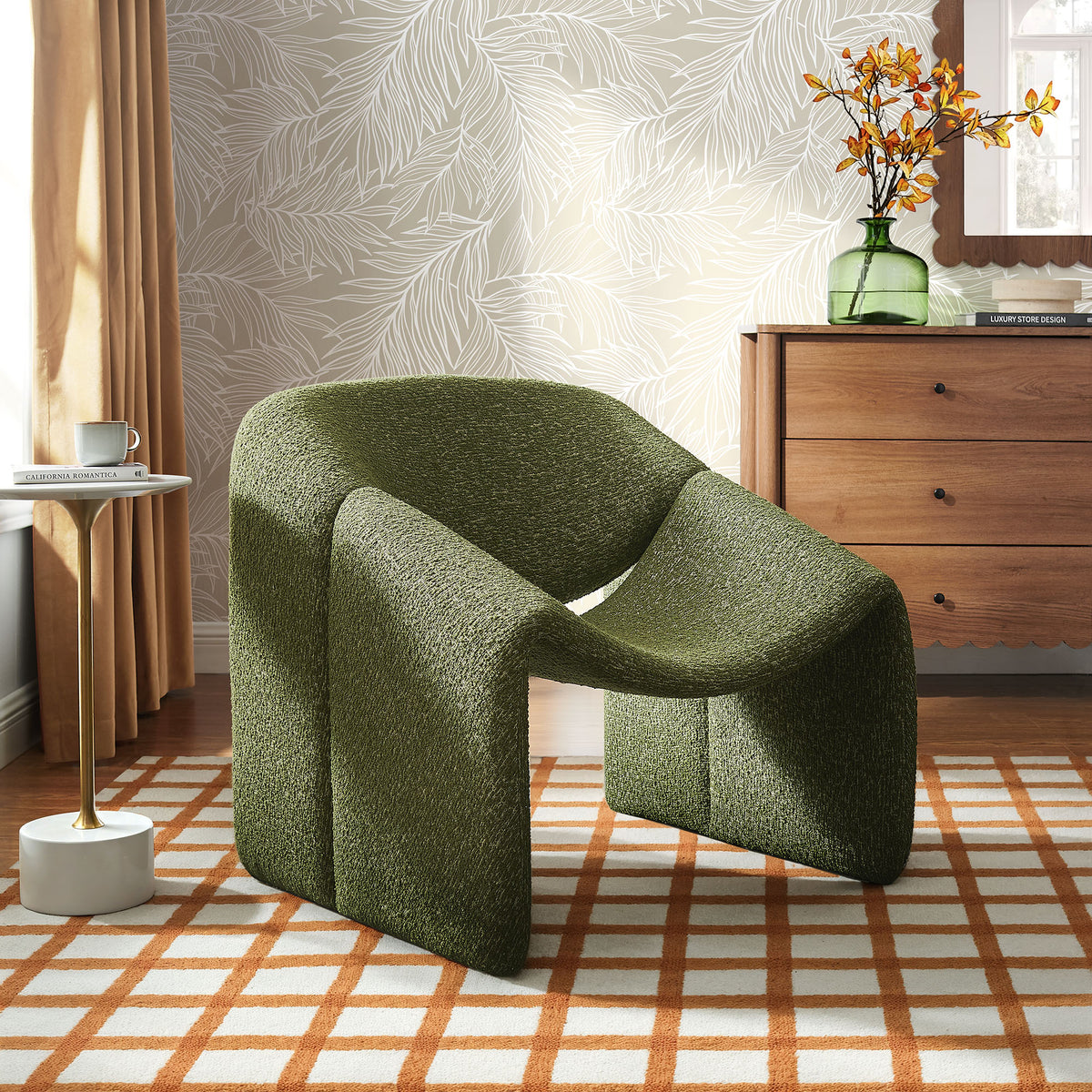 Vivi Looped Textural Fabric Curved Arm Accent Chair - Olive