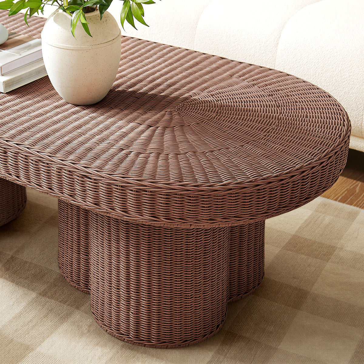 Sarova 60 Inch Natural Rattan Oval Pedestal Coffee Table - Mocha