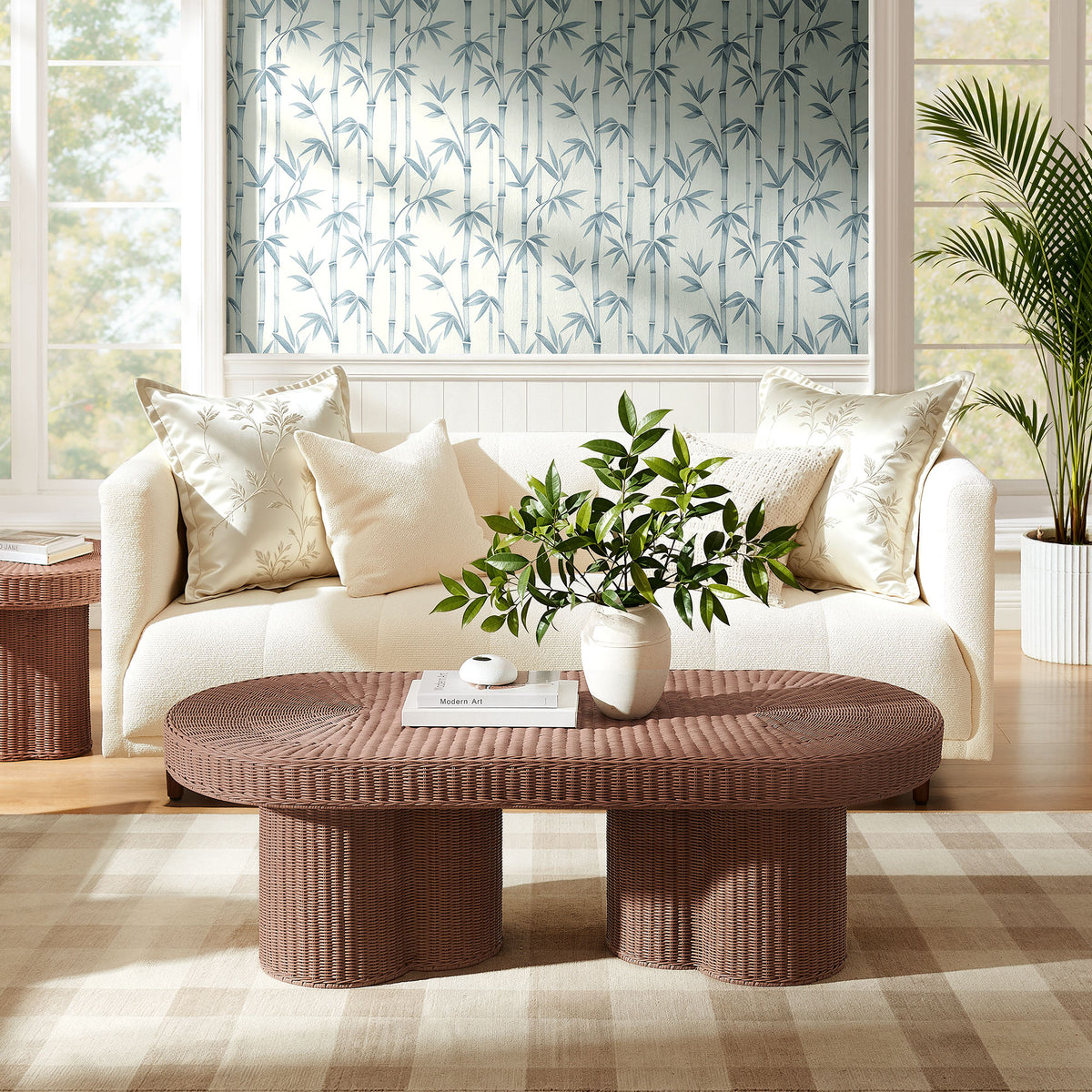 Sarova 60 Inch Natural Rattan Oval Pedestal Coffee Table - Mocha