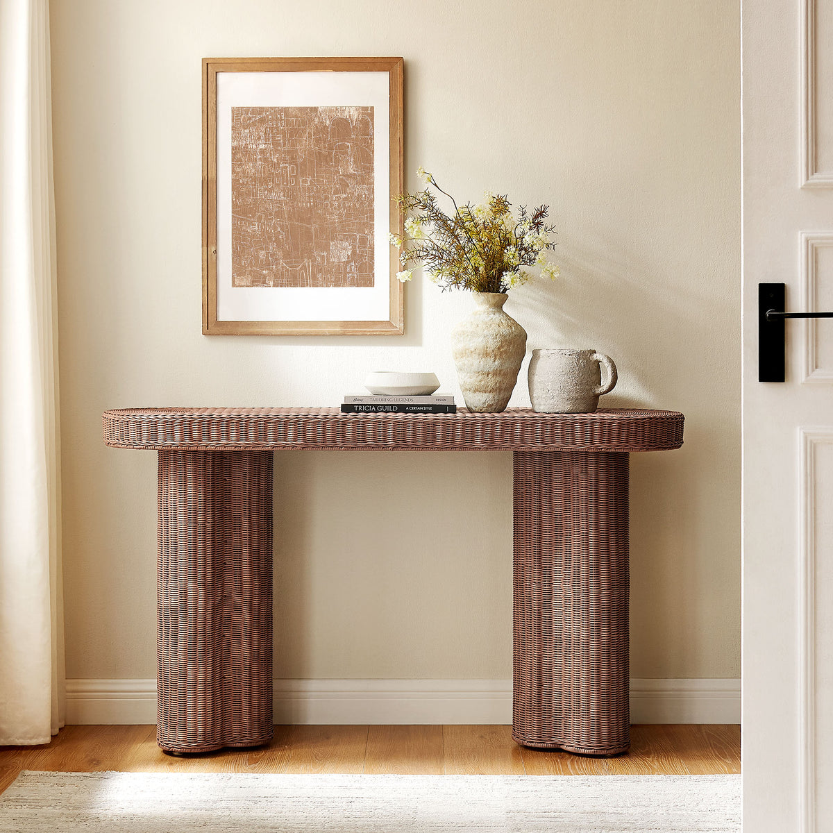 Sarova 59 Inch Natural Rattan Oval Console Table - Mocha
