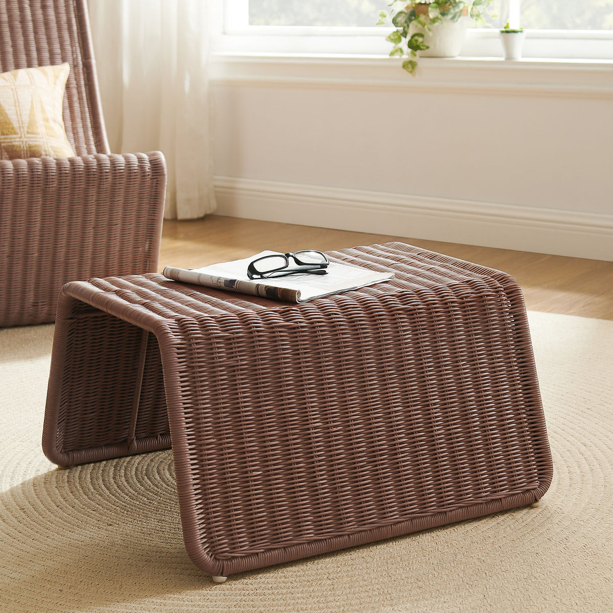 Eira Waterfall Natural Rattan Ottoman - Mocha