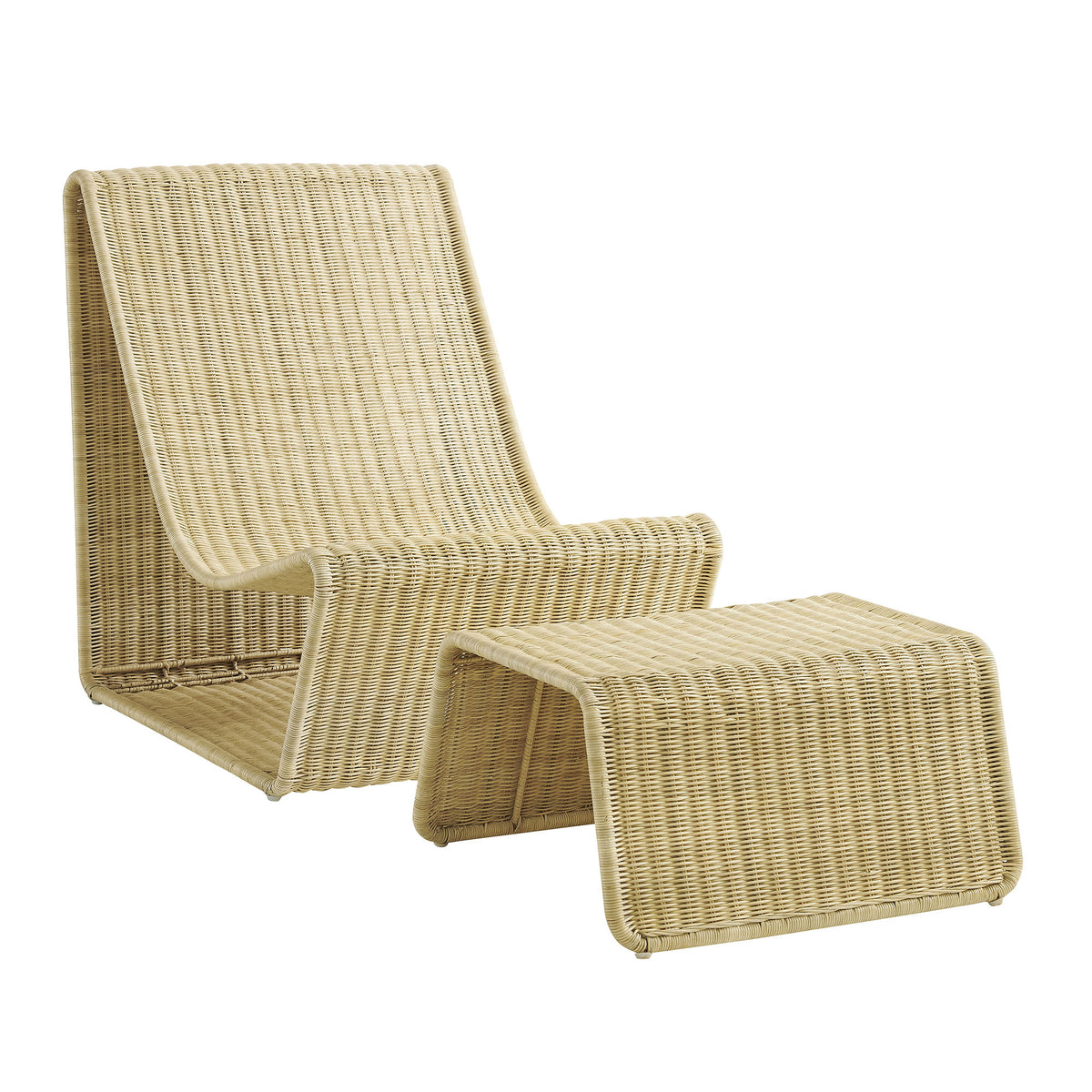 Eira 2 Piece Continuous Curved Natural Rattan Lounge Chair and Ottoman Set - Natural Rattan