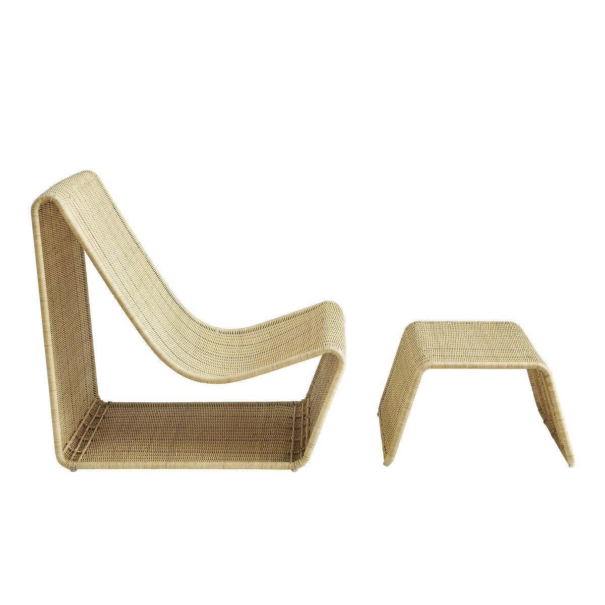 Eira 2 Piece Continuous Curved Natural Rattan Lounge Chair and Ottoman Set - Natural Rattan
