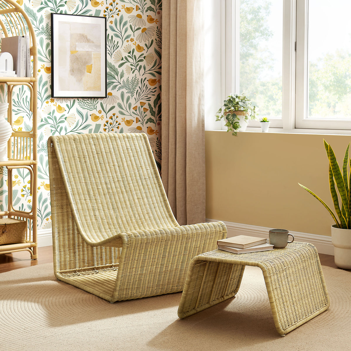 Eira 2 Piece Continuous Curved Natural Rattan Lounge Chair and Ottoman Set - Natural Rattan