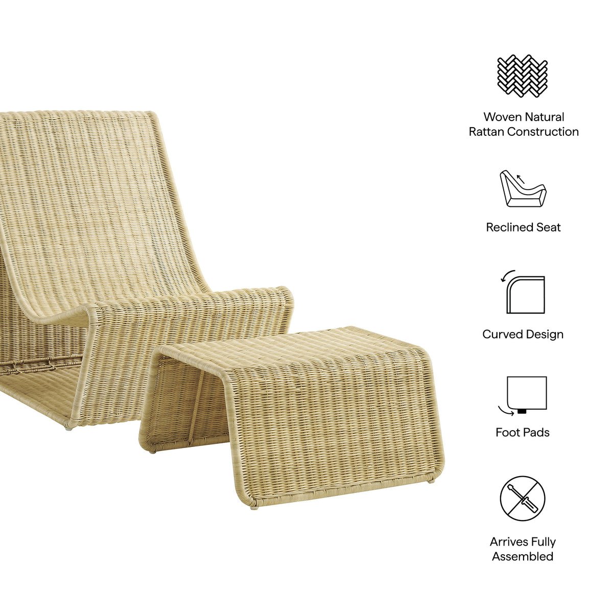 Eira 2 Piece Continuous Curved Natural Rattan Lounge Chair and Ottoman Set - Natural Rattan