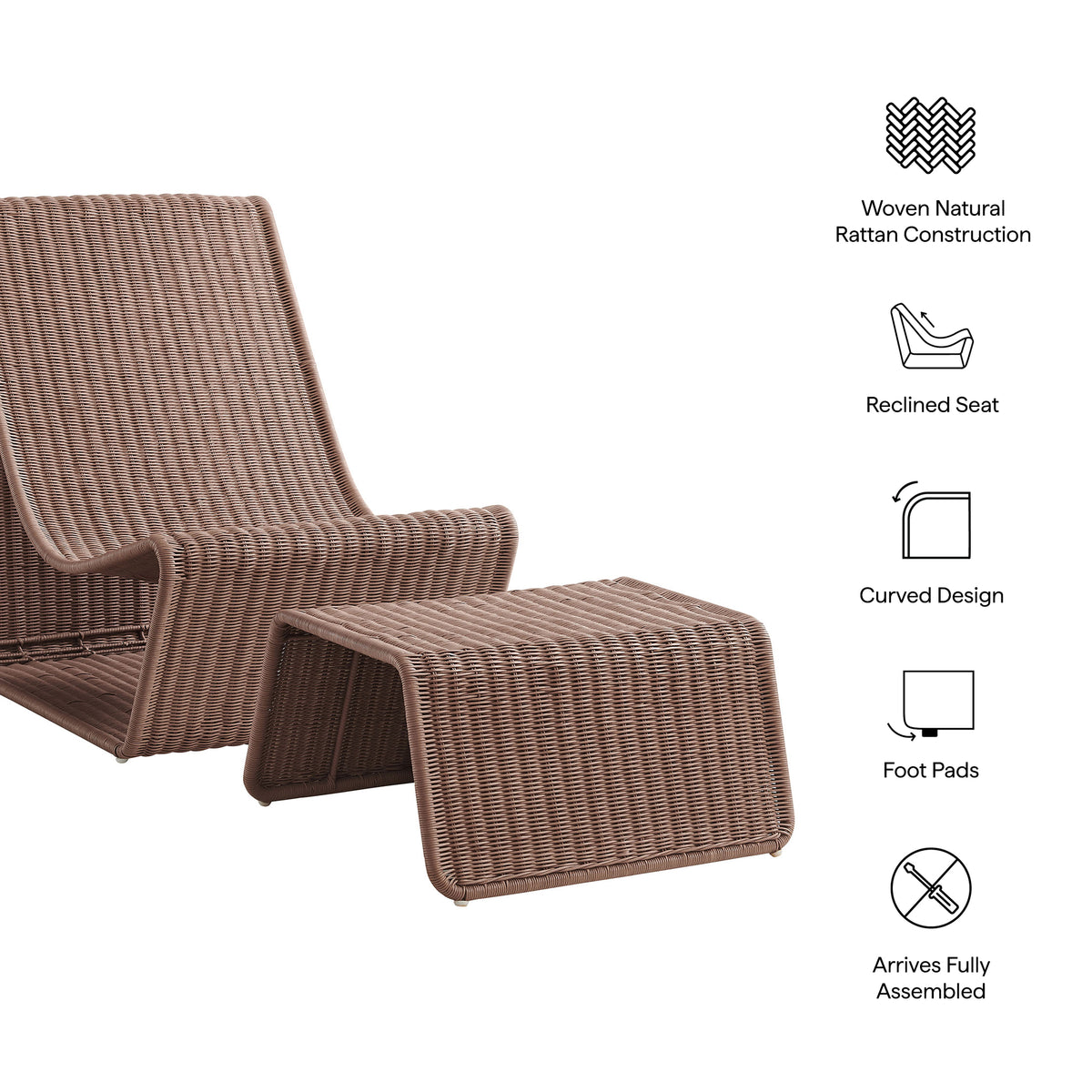 Eira 2 Piece Continuous Curved Natural Rattan Lounge Chair and Ottoman Set - Mocha