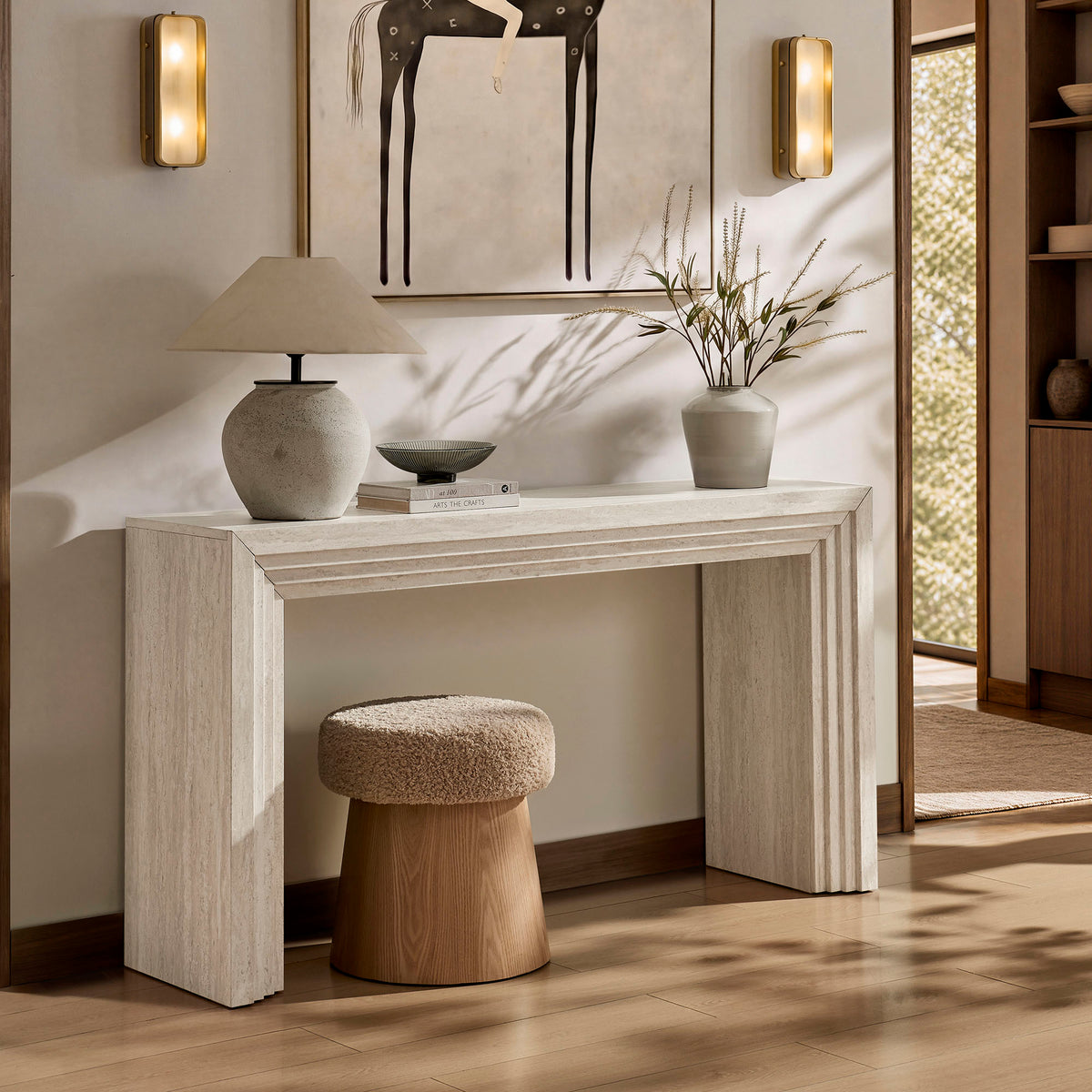 Olney 63 Inch Fluted Console Table - Ivory Travertine