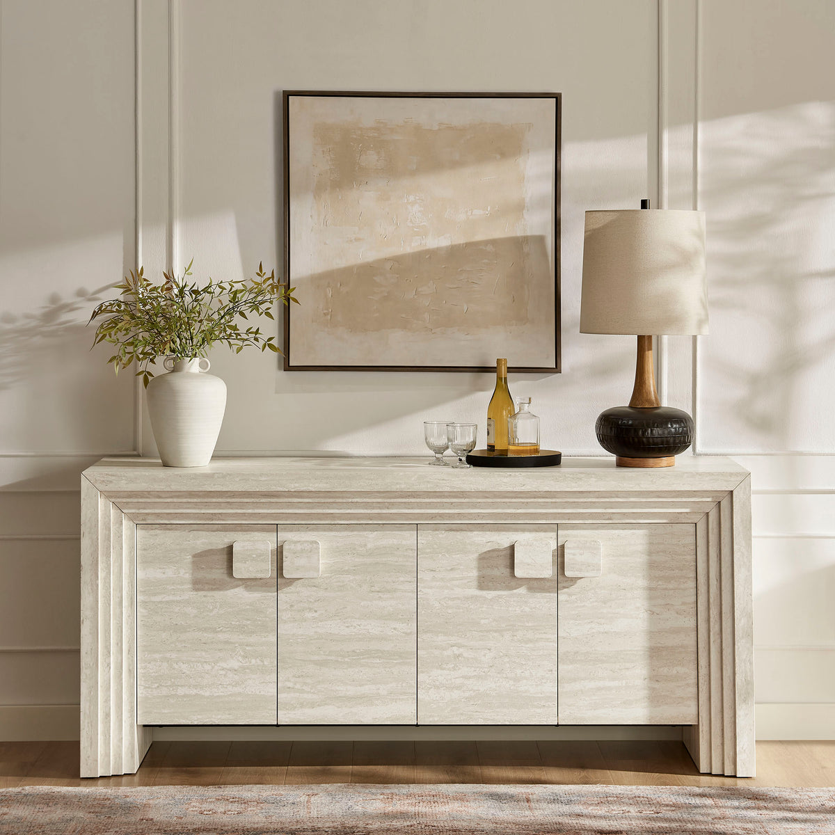 Olney 4-Door Fluted Sideboard - Ivory Travertine