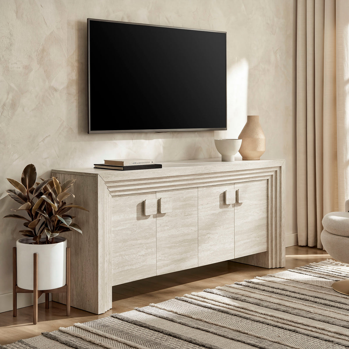 Olney 4-Door Fluted Sideboard - Ivory Travertine