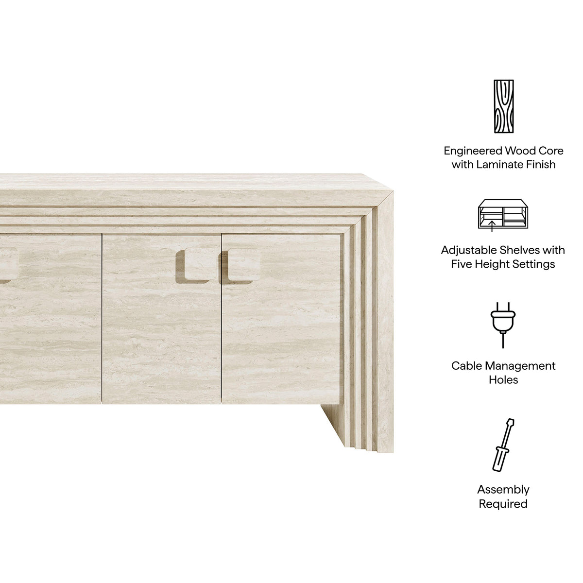 Olney 4-Door Fluted Sideboard - Ivory Travertine