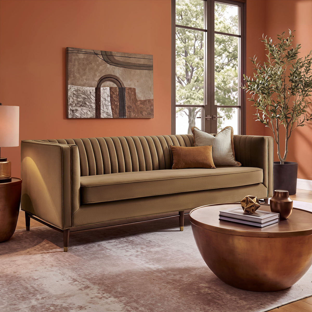 Devote 93 Inch Performance Velvet Channel Tufted Sofa - Carob