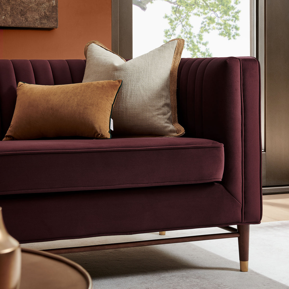 Devote 93 Inch Performance Velvet Channel Tufted Sofa - Mulberry