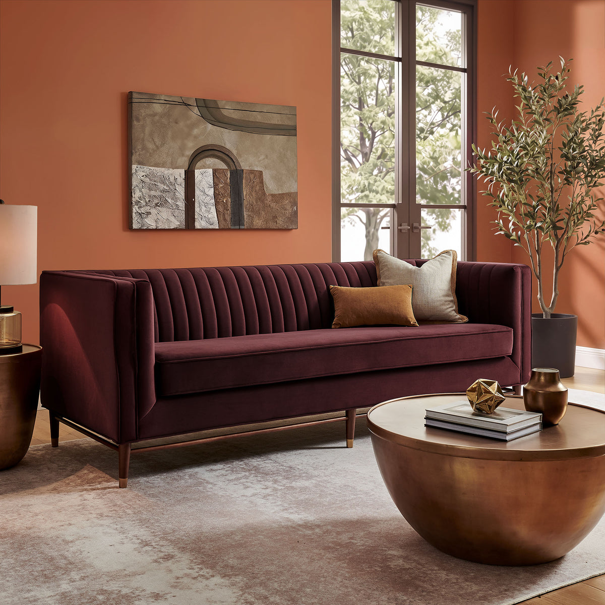Devote 93 Inch Performance Velvet Channel Tufted Sofa - Mulberry