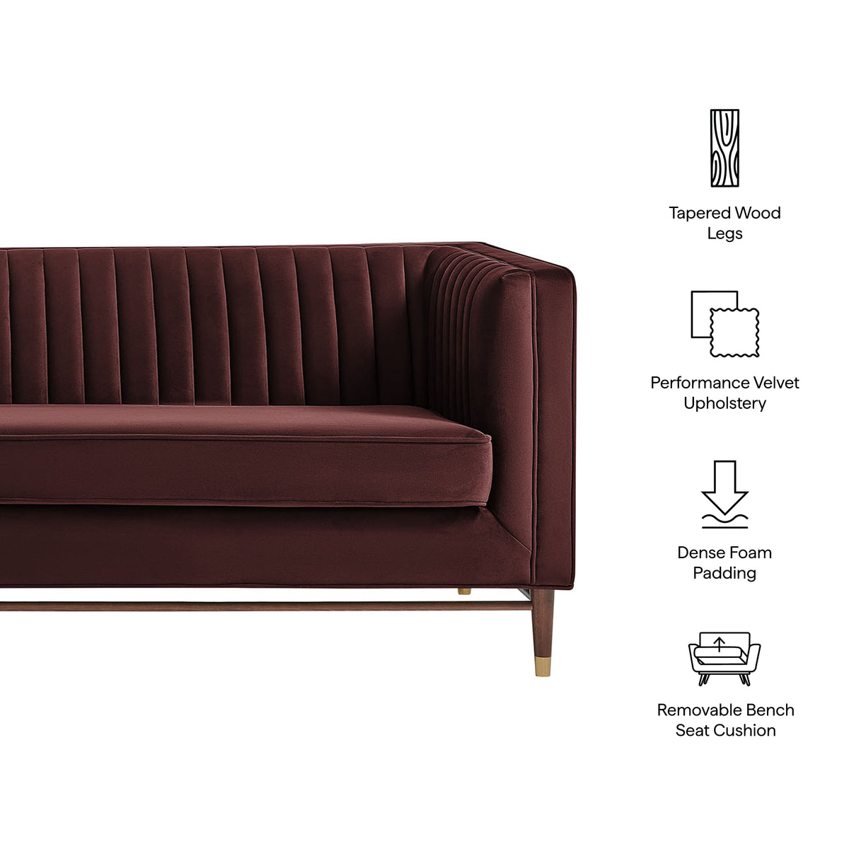 Devote 93 Inch Performance Velvet Channel Tufted Sofa - Mulberry