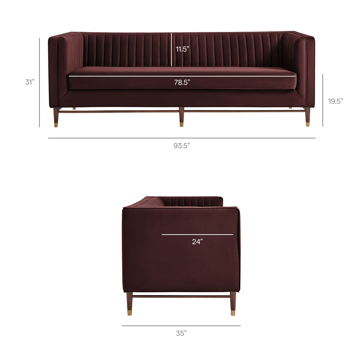 Devote 93 Inch Performance Velvet Channel Tufted Sofa - Mulberry