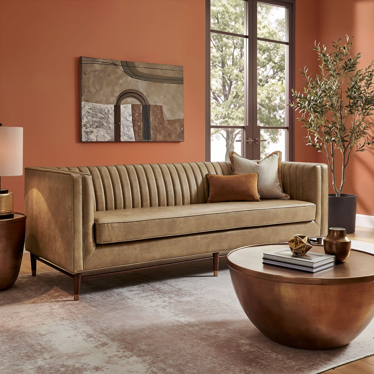 Devote 93 Inch Vegan Leather Channel Tufted Sofa - Toast
