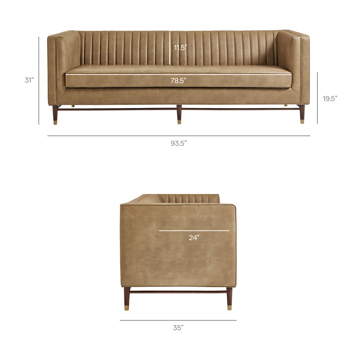 Devote 93 Inch Vegan Leather Channel Tufted Sofa - Toast