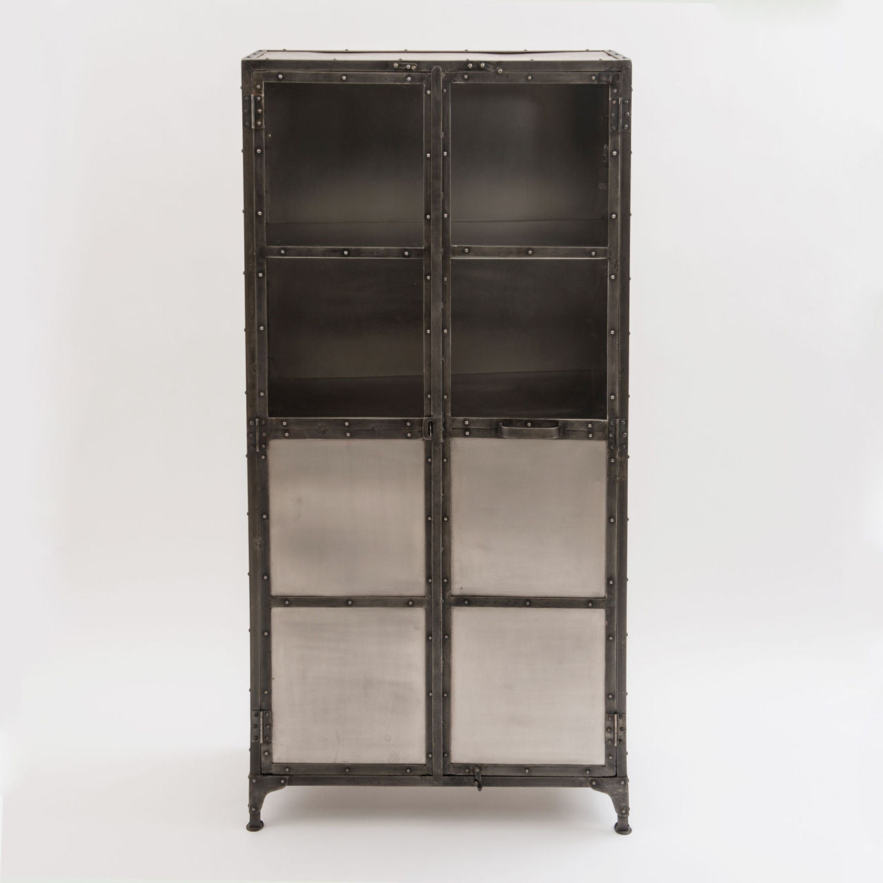 Antiqued Nickel Element Industrial Cabinet with Glass Doors
