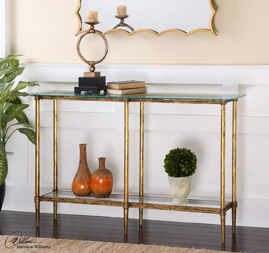 Elenio Bright Gold Leaf Glass Console Table