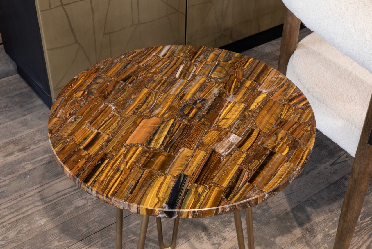 Calico 17" Side Table in Tiger Eye with Iron Base