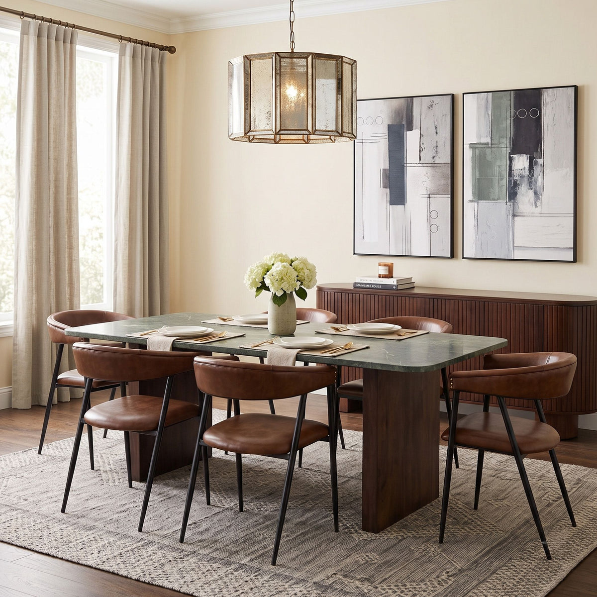 Abstract 76" Dining Table in Green Marble and Dark Mango Base - image 3