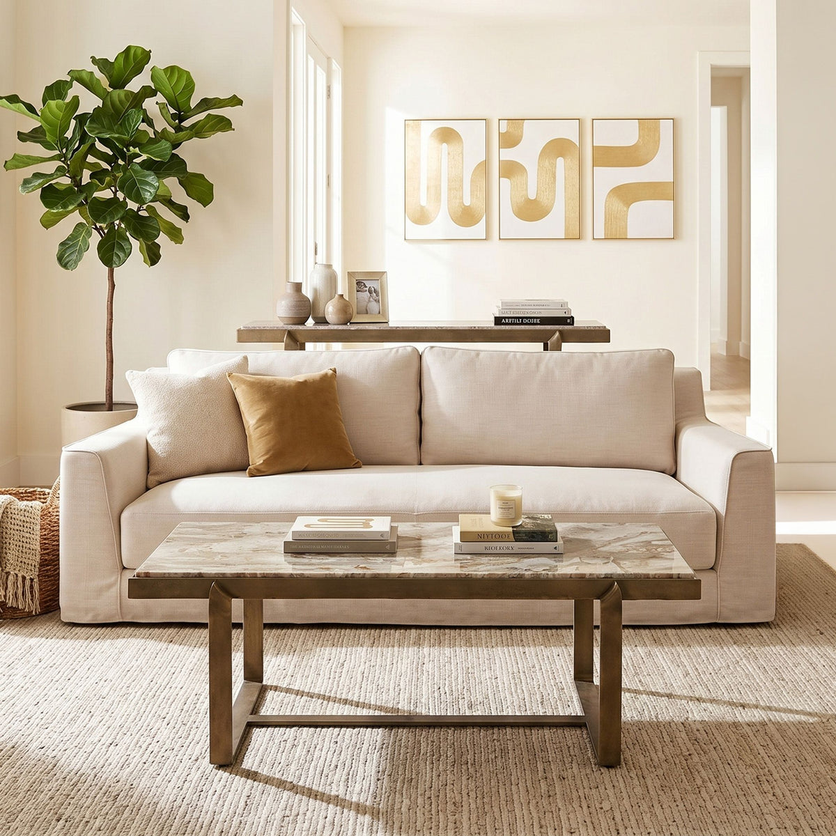Argos 49" Large Coffee Table with Beige Marble Top and Antique Brass Base - image 3