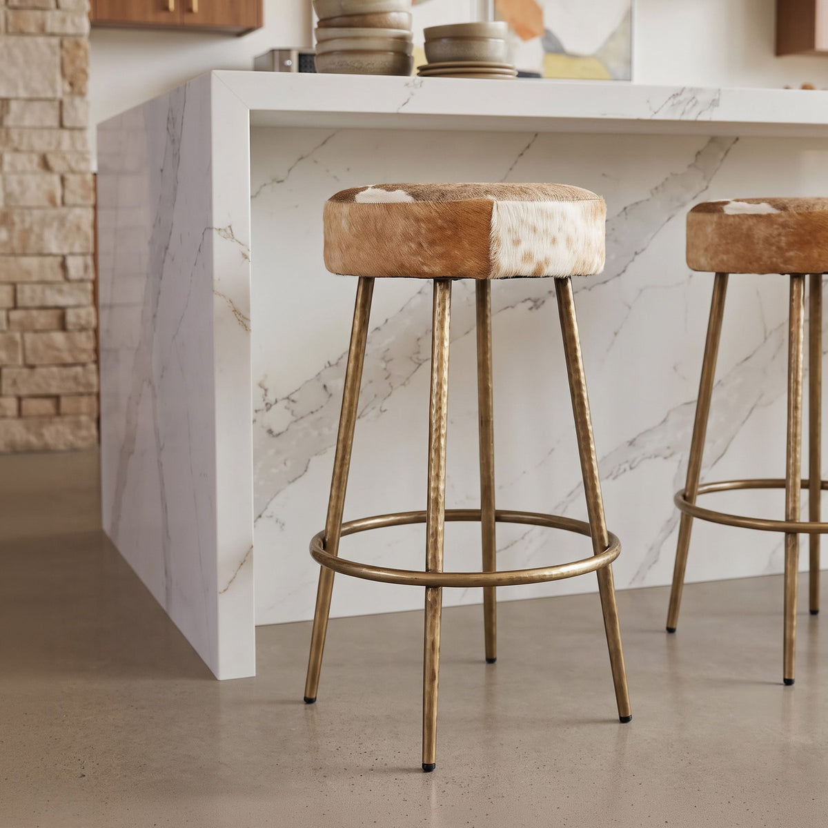 Austin 15" Backless Bar Stool in Brown Hair on Hide with Antique Gold Legs - image 4