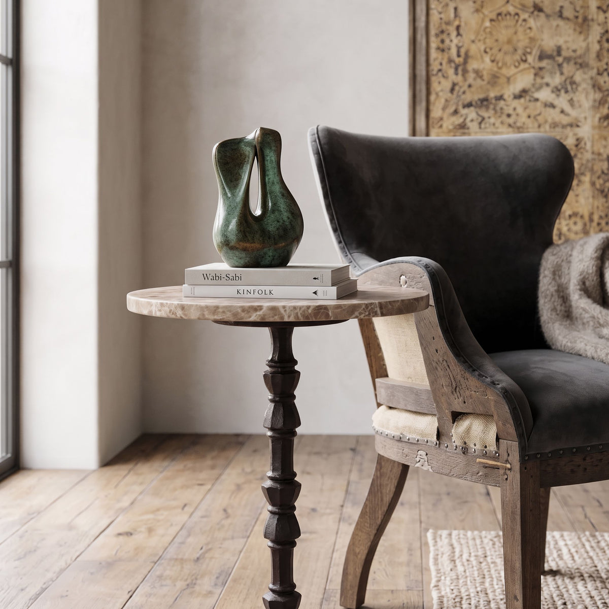 Detroit 12" Side Table in Light Emperador Marble with Casted Base - image 4
