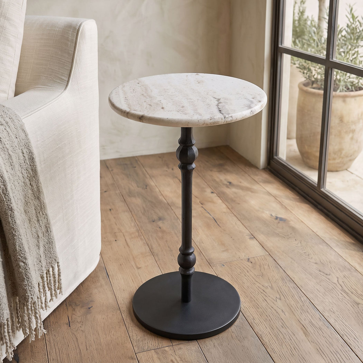 Detroit 12" Side Table in White Travertine with Casting Base - image 4