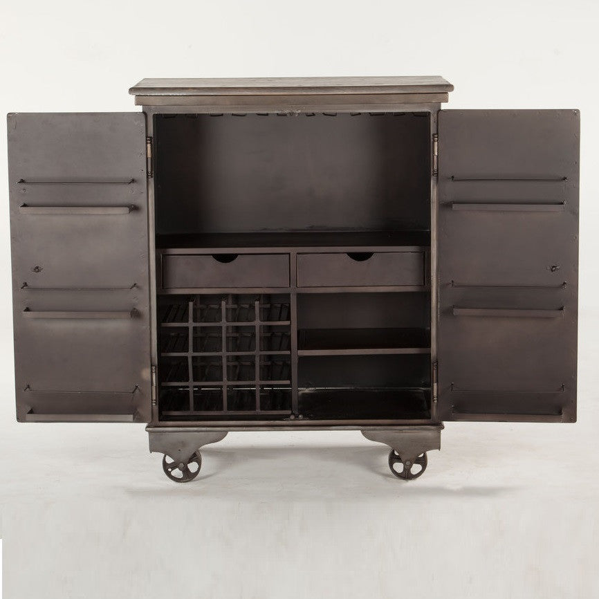Steampunk Industrial Metal Rolling Bar Cart Cabinet
