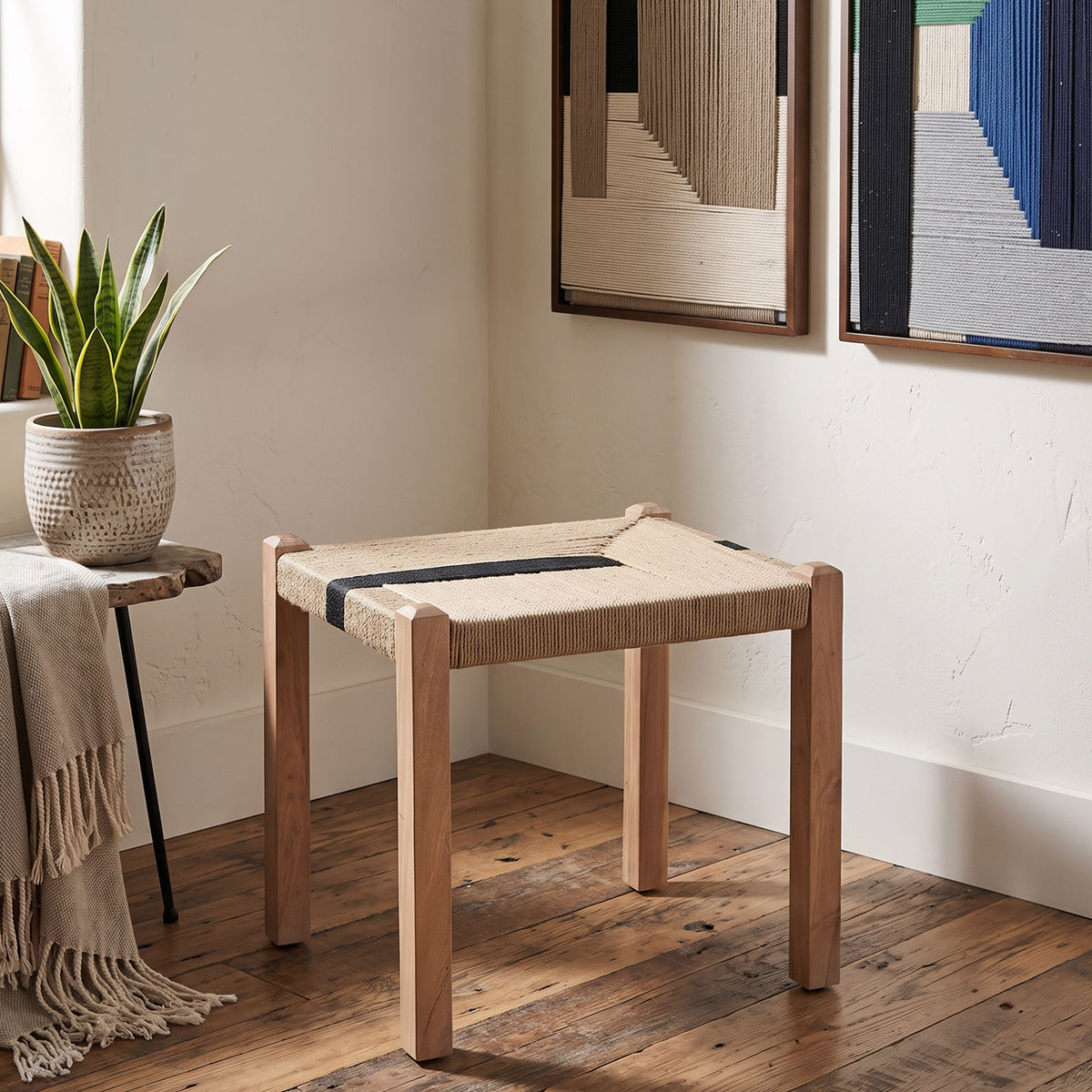 Manila 20" Ottoman Stool in Woven Natural and Black Rope - image 3