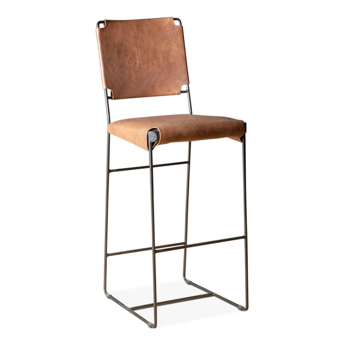 New York 18" Bar Chair in Brown Buffalo Leather and Iron