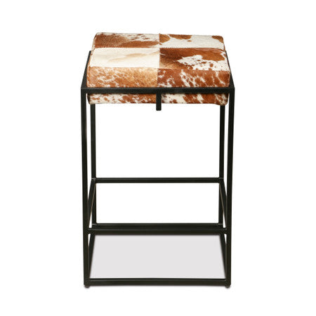New York 17" Backless Counter Stool in Brown Cowhide Leather and Iron