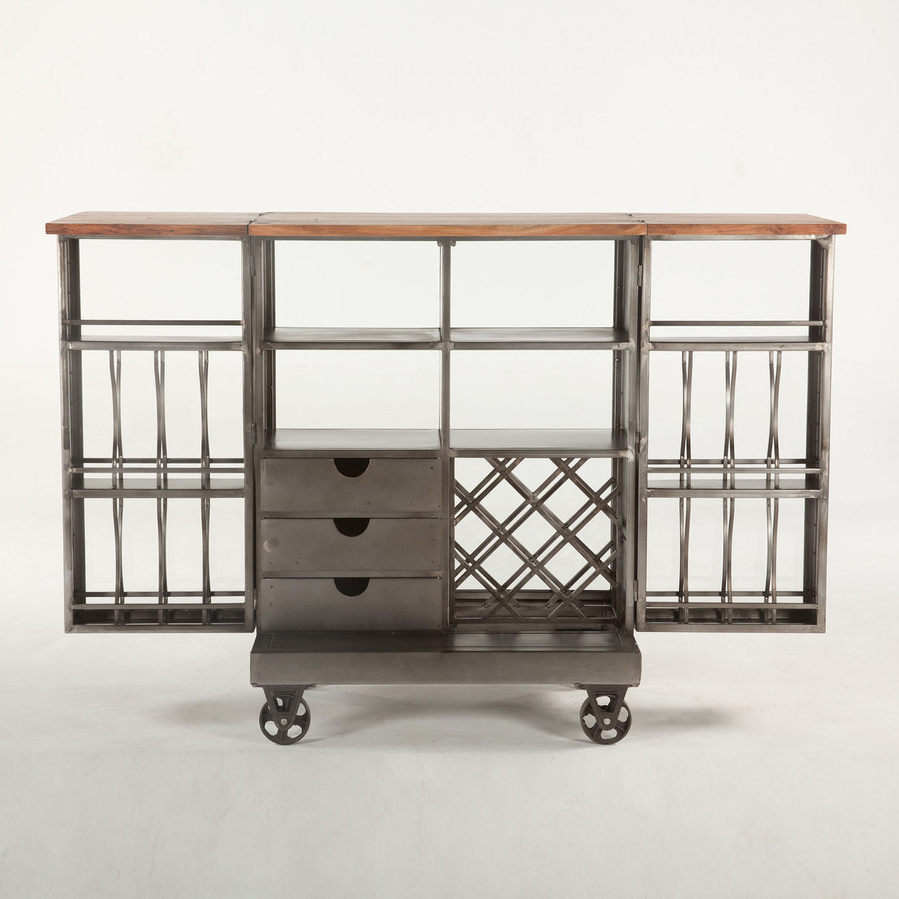 Steampunk Industrial Steel and Glass Bar Cart Cabinet