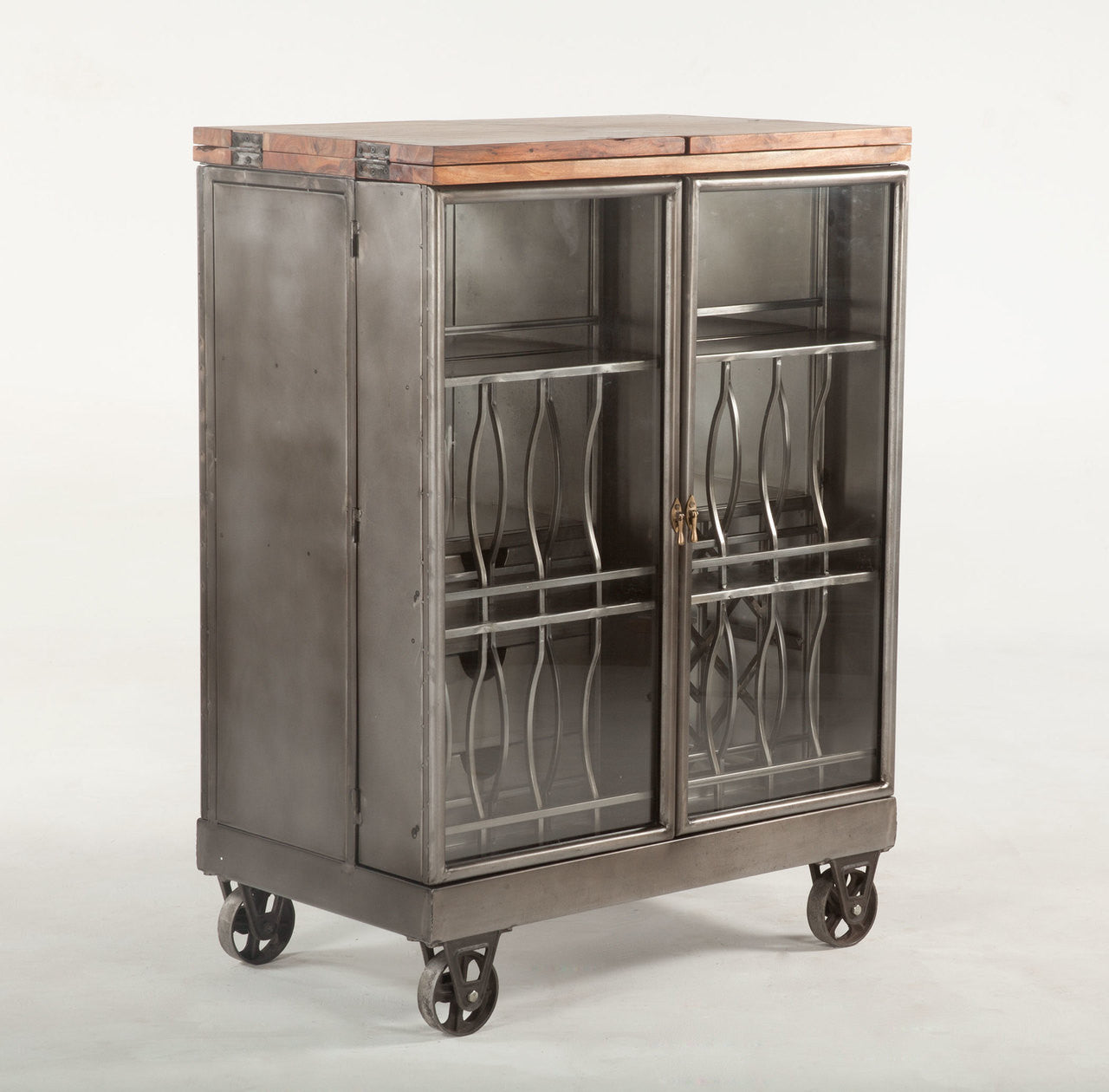 Steampunk Industrial Steel and Glass Bar Cart Cabinet