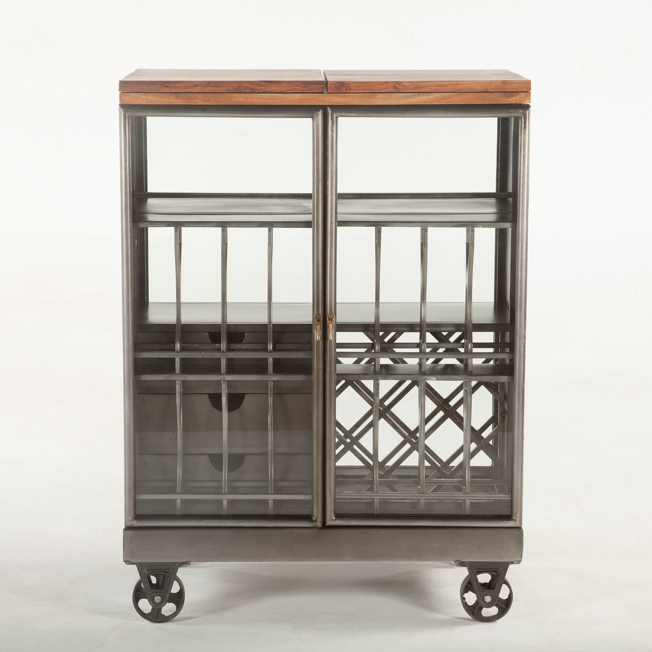 Steampunk Industrial Steel and Glass Bar Cart Cabinet