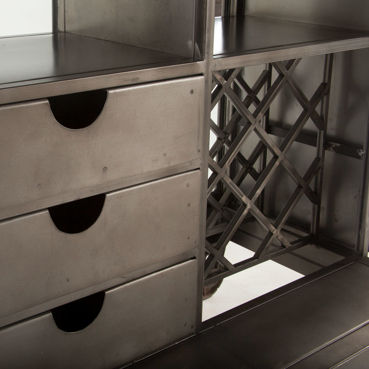 Steampunk Industrial Steel and Glass Bar Cart Cabinet