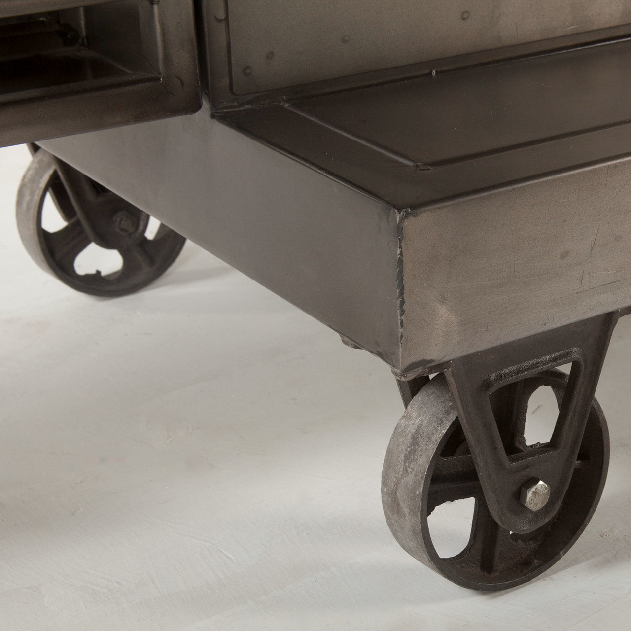 Steampunk Industrial Steel and Glass Bar Cart Cabinet
