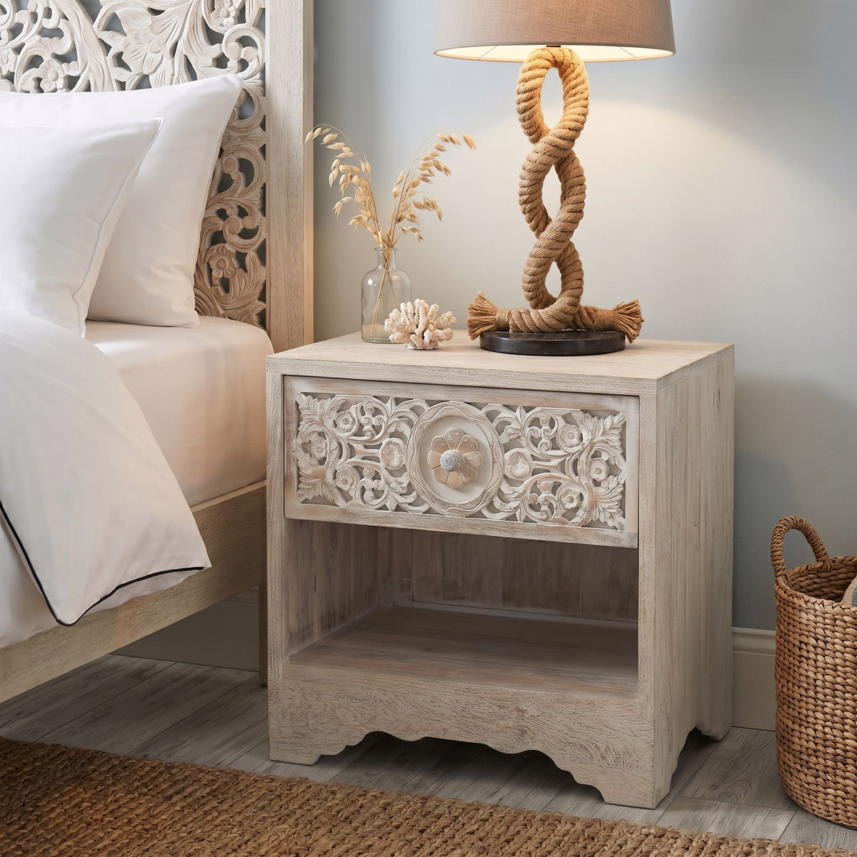 Taj 26" Nightstand with Plinth Base in Carved Heirloom White - image 3