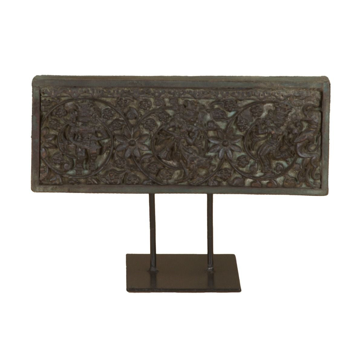 15" Carved Wooden Panel on Iron Stand