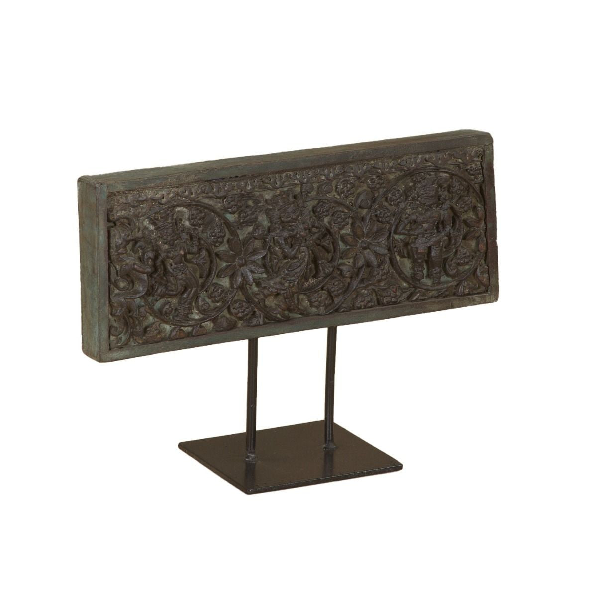 15" Carved Wooden Panel on Iron Stand