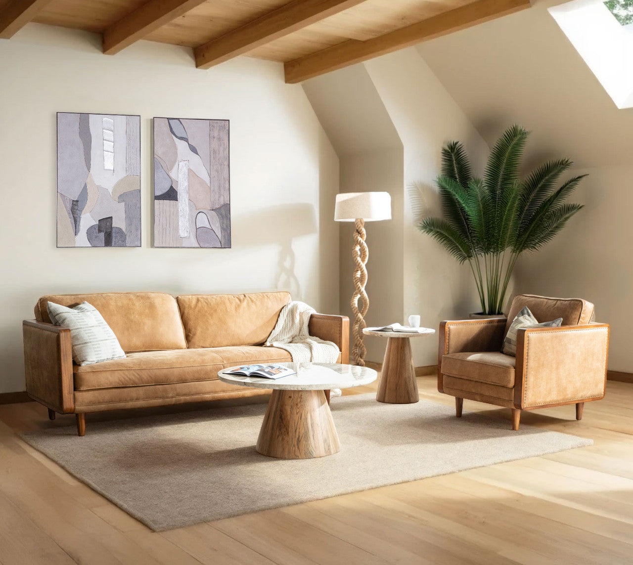 Vista 36" Coffee Table with White Travertine and Light Oak Base