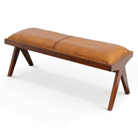 Chad Mid Century Modern Tan Leather Bench - 47.5"