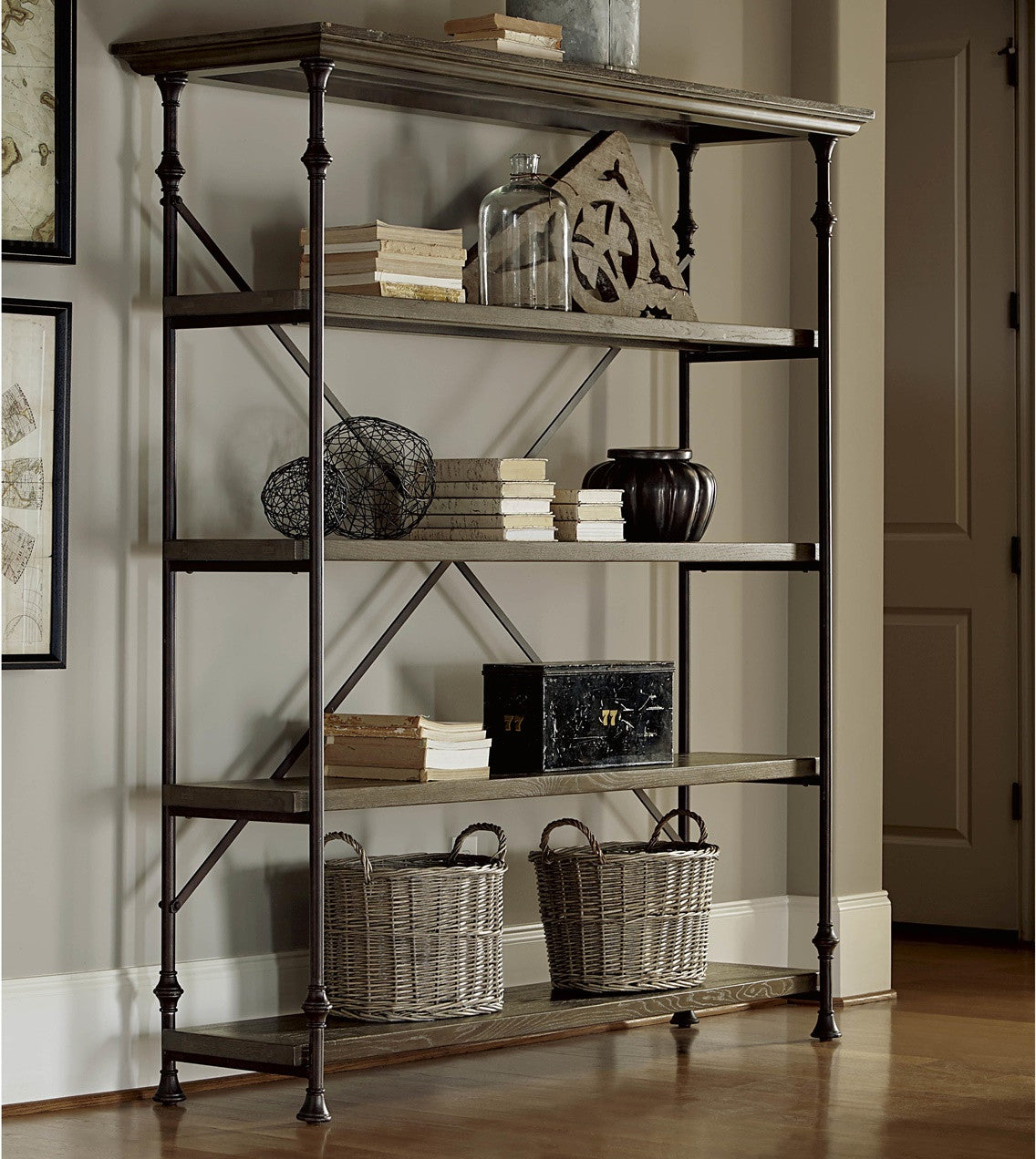 French Industrial wood wrought iron bakers rack