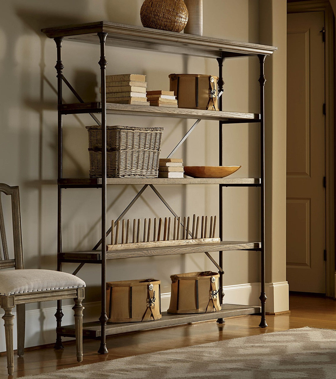 French Industrial Oak Wood + Metal Baker's Rack Shelving