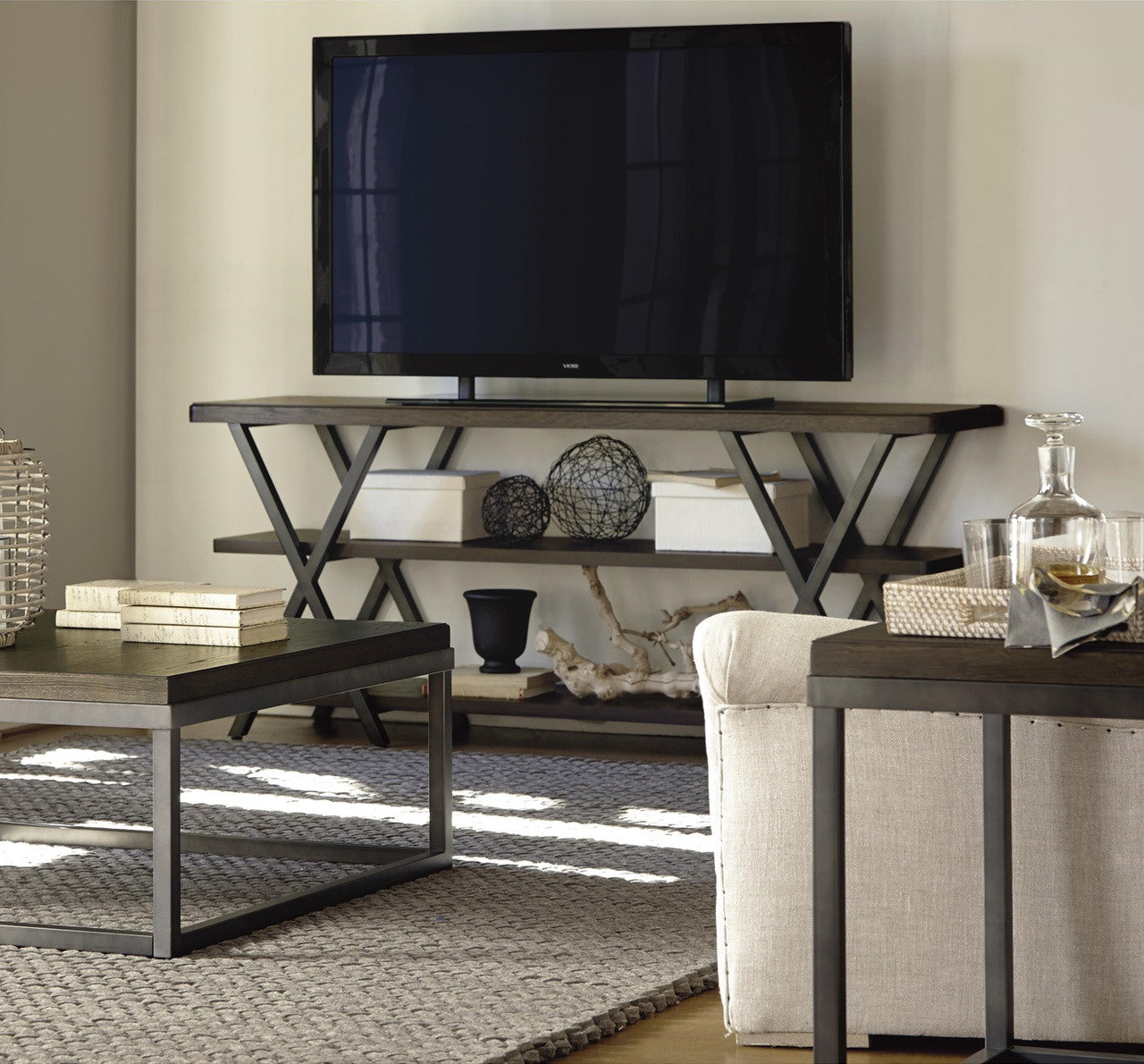 French Industrial Oak Wood + Metal TV Media Console